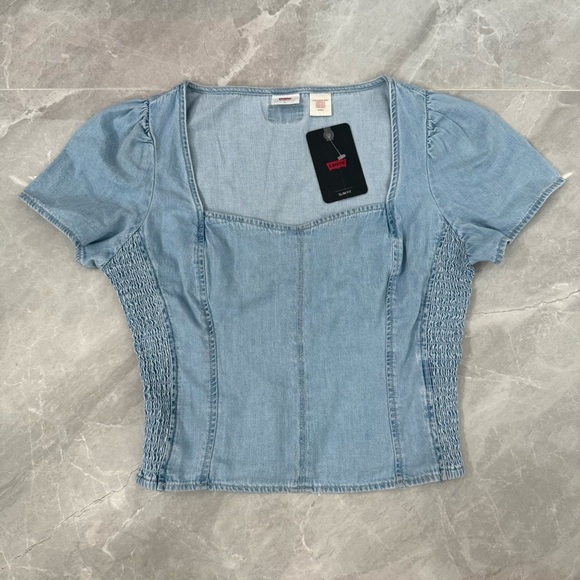Women’s Levi’s Ophelia Short Sleeve Denim Corset Top Light Wash Cotton Small - Picture 2 of 16